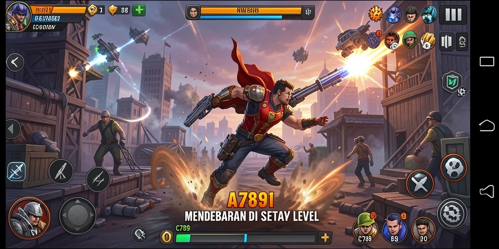 Tampilan gameplay mendebarkan dalam aksi C789 dengan karakter beragam.
