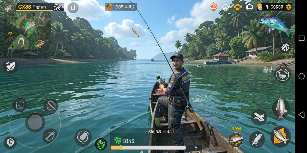Tampilan utama screenshot GX88 menampilkan aksi memancing yang mendebarkan dan ikan yang beragam.