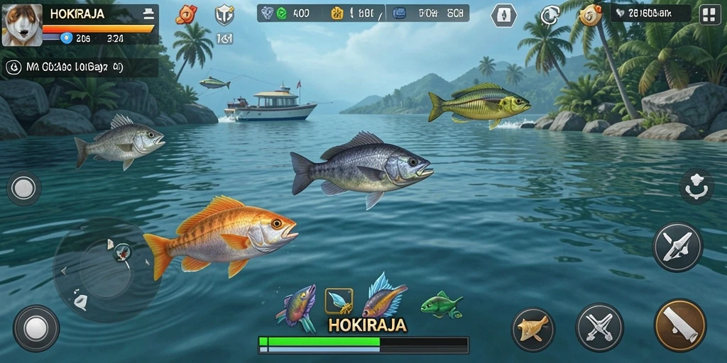 Tangkapan layar HOKIRAJA menampilkan aksi mendebarkan dalam berburu ikan.