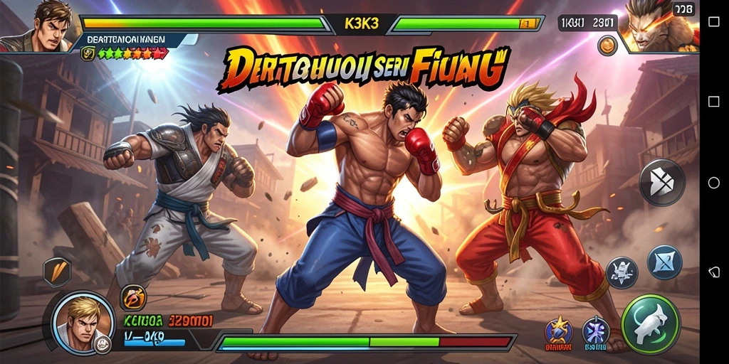 Tampilan utama K3K3 dengan karakter bertarung di arena.