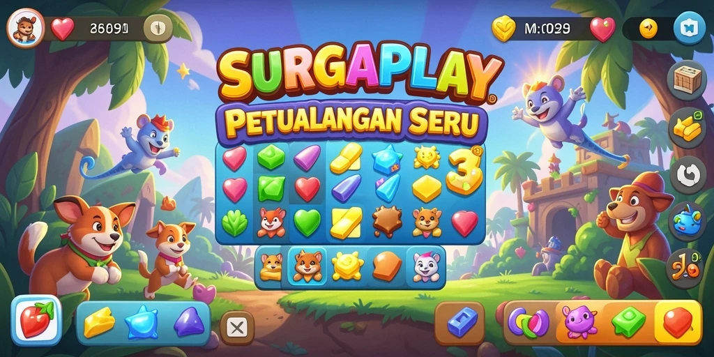 Tampilan gameplay seru dari SURGAPLAY dengan kombinasi warna dan karakter.